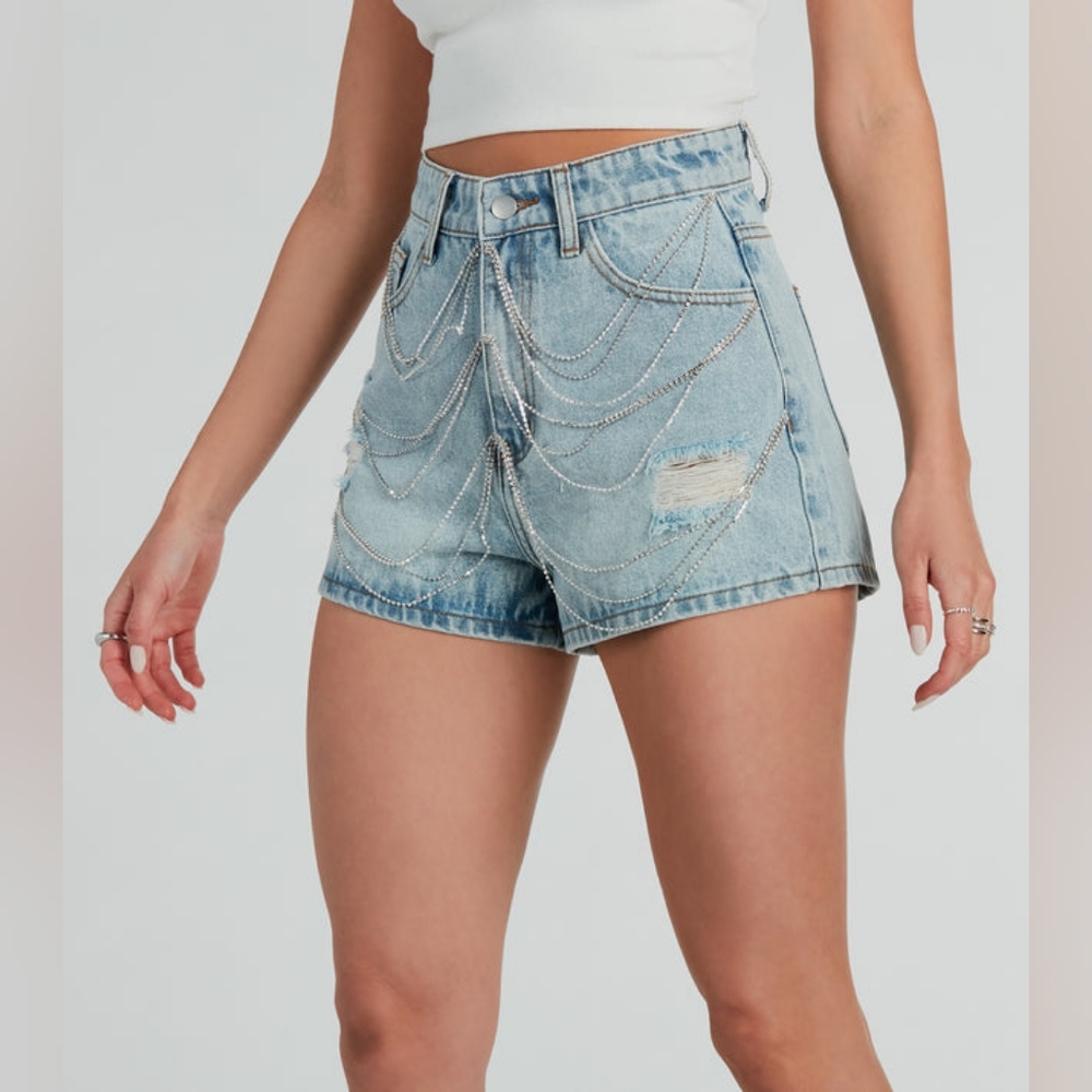 Windsor Pop Star Rhinestone High-Rise Denim Shorts